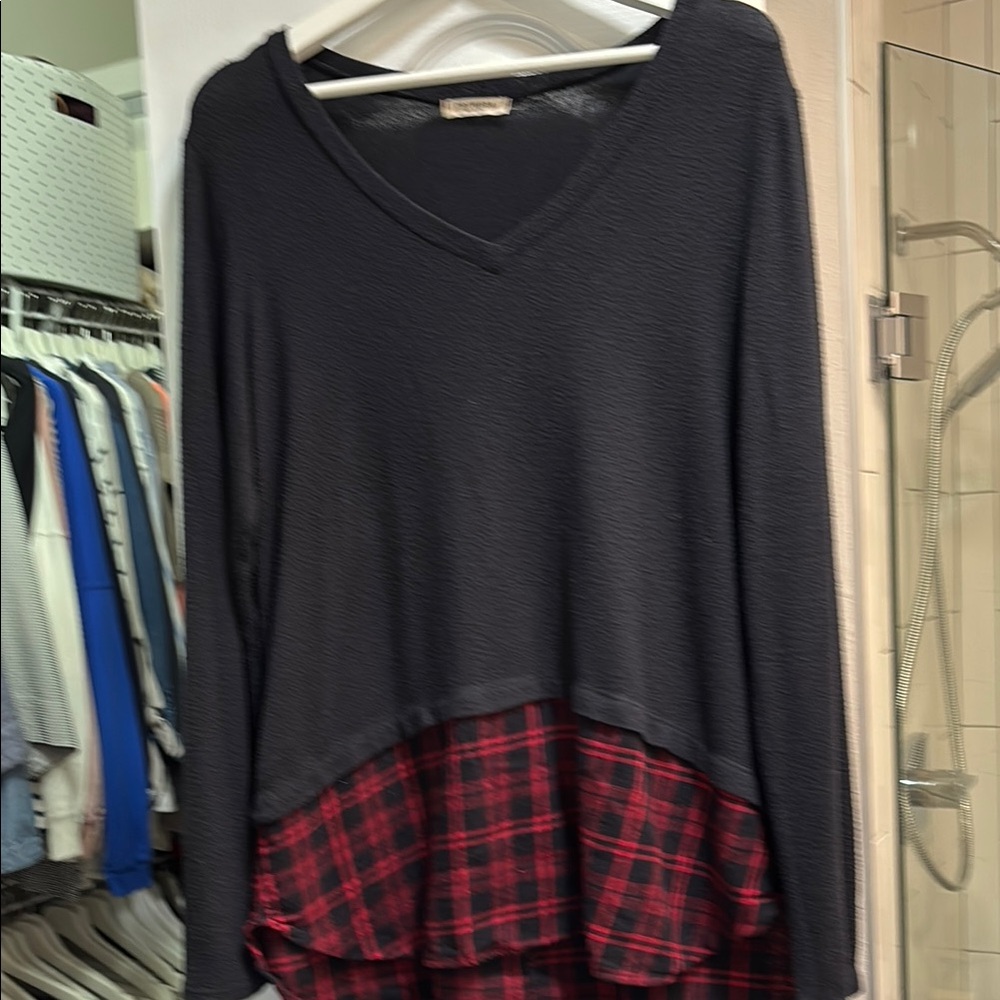 Navy and Red Plaid Layered V-Neck Top (sweater)